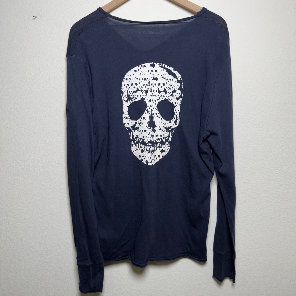 Zadig & Voltaire Women 100% Cotton Tunisien Strass Skull Henley Blue Shirt Top L